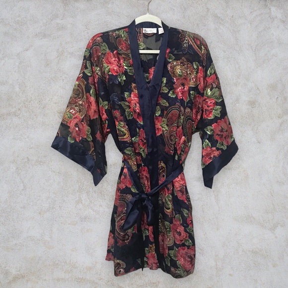 Victoria's Secret Other - Vintage 80’s Victoria’s Secret Gold Label Kimono Short Robe Floral Paisley Satin